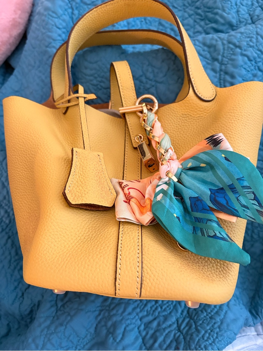 Yellow Leather Bucket Bag Top Handle Gold Tone Padlock Scarf Bow Charm